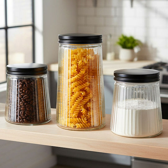 Vilde Set 3 Bucăți Vaze Pentru Cafea / Paste / Cereale Cu Capac Sticlă Neagră 1400ml 3 Bucăți