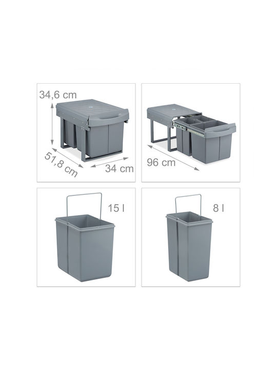 Relaxdays Coș De Gunoi Pentru Dulap Plastic Gri 15lt