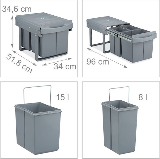 Relaxdays Coș De Gunoi Pentru Dulap Plastic Gri 15lt
