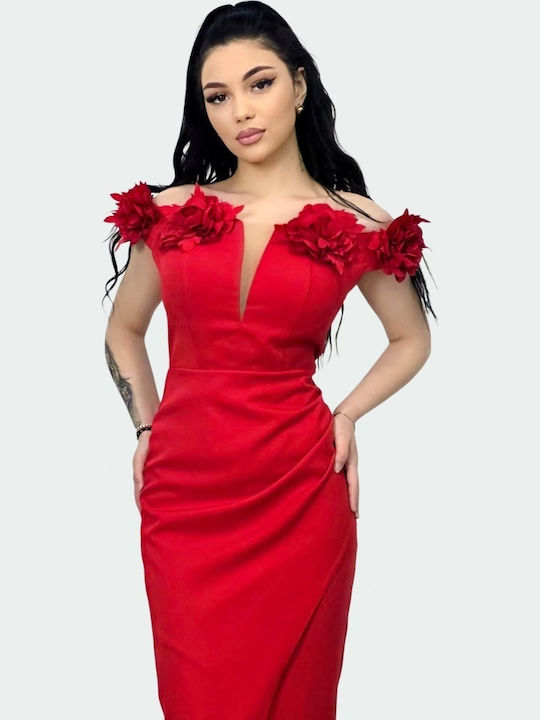 Rochie Midi De Seară Drapată Roșie
