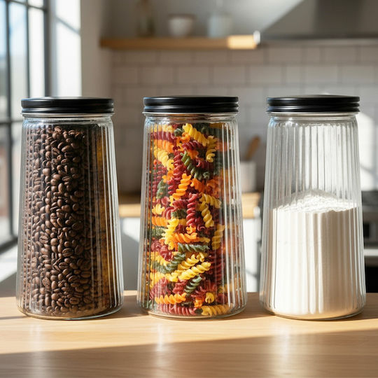 Vilde Set of 3 Glass Jars for Coffee Pasta Cereals with Lid Black 1400ml