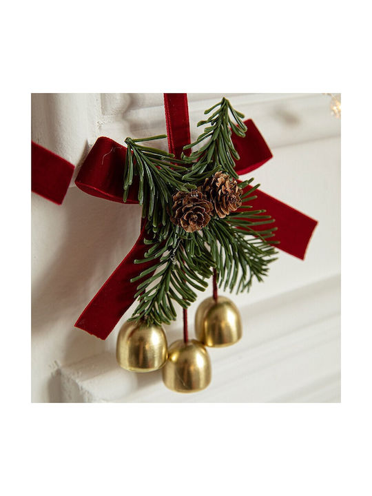 Ornament De Crăciun Pentru Brad Flippy Fundă De Crăciun Tip 3 Clopoței Aurii Conuri De Pin Panglică Din Catifea Roșie 16 X 11 Cm Roșu
