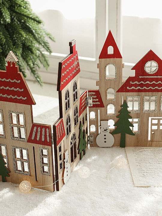 Decorațiune De Crăciun Model Sat De Crăciun Flippy Copac Stil European Pliabil Lemn 57 X 20 Cm Maro Roșu Natural