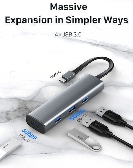 Cabletime USB-Hub 4 Anschlüsse mit USB-C Verbindung Grau