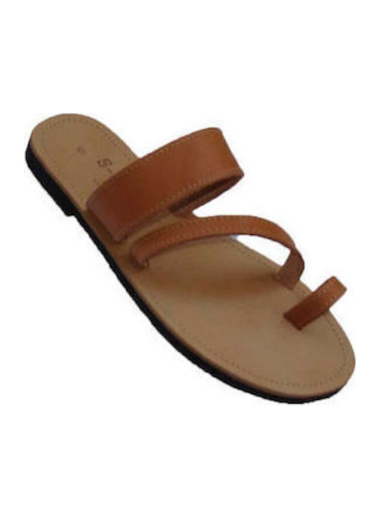 Leather Women's Flat Sandals Tabac Brown