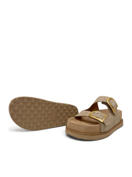 Δερμάτινα Γυναικεία Σανδάλια Flatforms Μπεζ