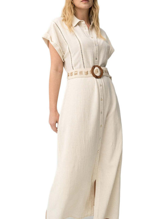 Sommer Maxi Hemdkleid Kurzärmelig Beige