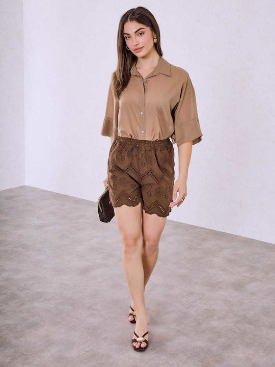 Celestino Damen-Shorts Bestickte Baumwolle Braun