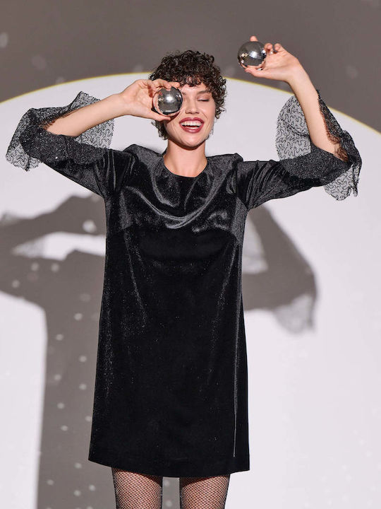 Mini Abendkleid Samt mit Tüll Schwarz