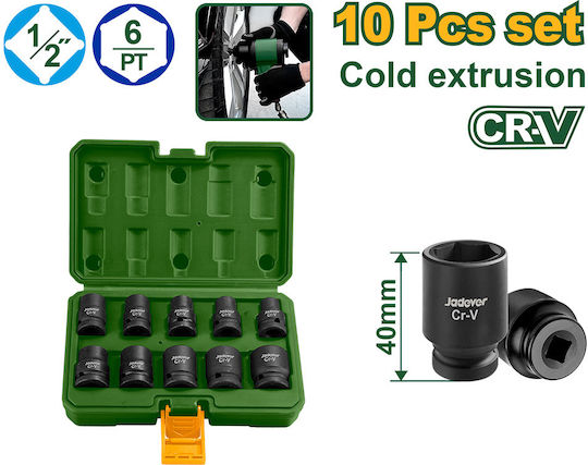 Καρυδακια Αερος Εξαγωνα Μαυρα 1/2'' Σετ 10 Τεμ Jadever Jdms1d01