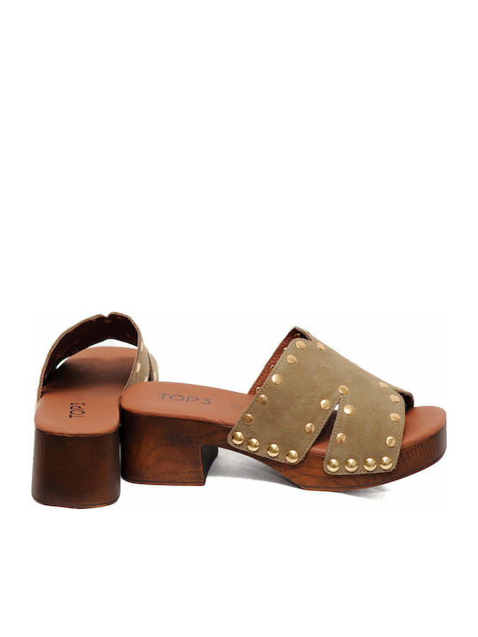 Leather Mules With Low Heel In Green Colour