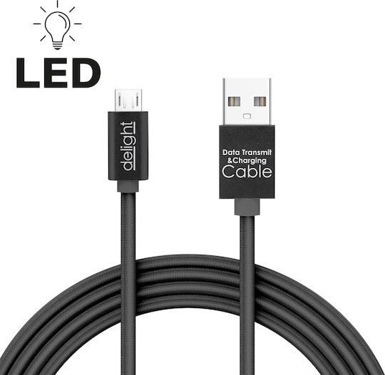 Microusb Cable 1m 1a Charging Data Transfer Led Anti-tangle Phones Tablets Black