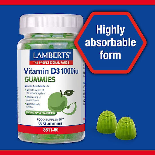 Lamberts Vitamin D3 Βιταμίνη για Ενίσχυση του Ανοσοποιητικού & την Υγεία των Οστών 1000iu Μήλο 60 ζελεδάκια