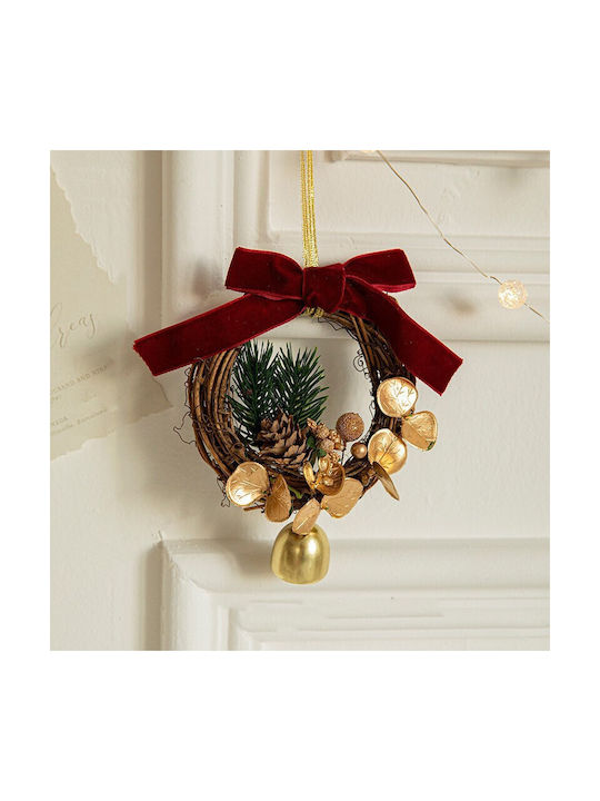 Coroniță Tip Ornament De Crăciun Pentru Brad 1 Clopoțel Flori Aurii Conuri De Pin Panglică Catifea Roșie 14 X 10 Cm Panglică Roșie Flippy