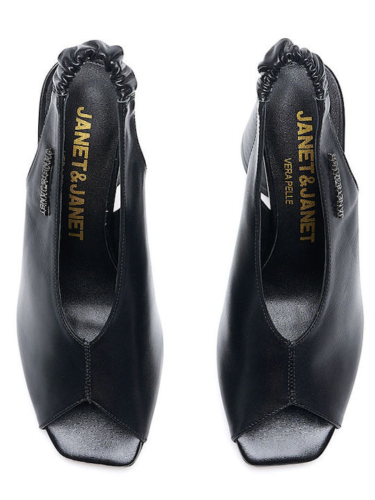 Кожени Peep Toe Обувки На Ток С Дебел Висок Ток Черни