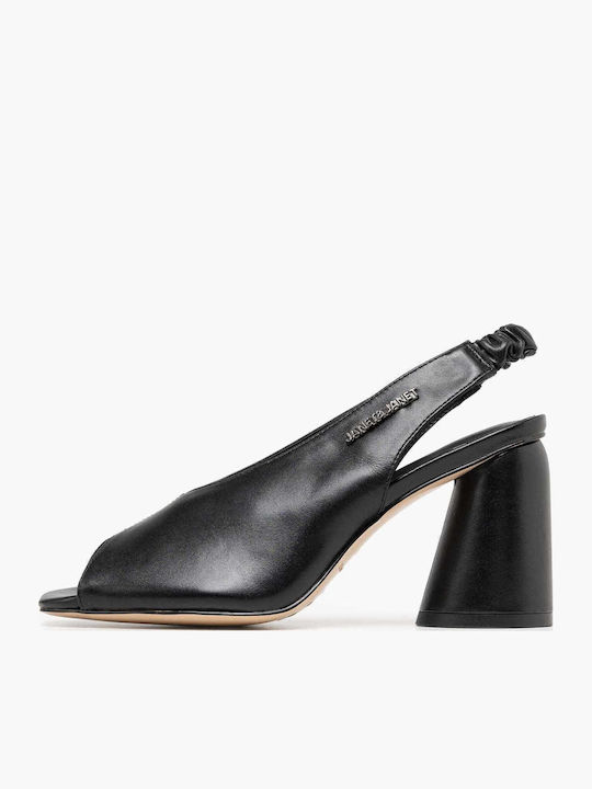 Кожени Peep Toe Обувки На Ток С Дебел Висок Ток Черни