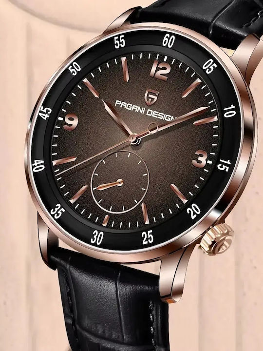 Men's Automatic Watch with Black Leather Strap