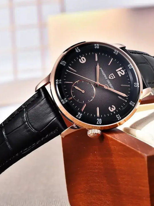 Men's Automatic Watch with Black Leather Strap