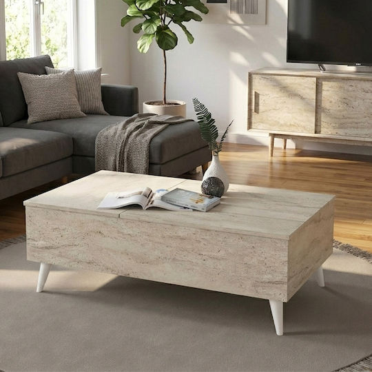 Rectangular Side Coffee Table Roy Wooden with Lifting Mechanism Travertine 2 Pieces W121xD69xH40cm