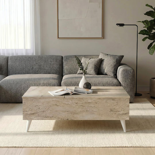 Rectangular Side Coffee Table Roy Wooden with Lifting Mechanism Travertine 2 Pieces W121xD69xH40cm