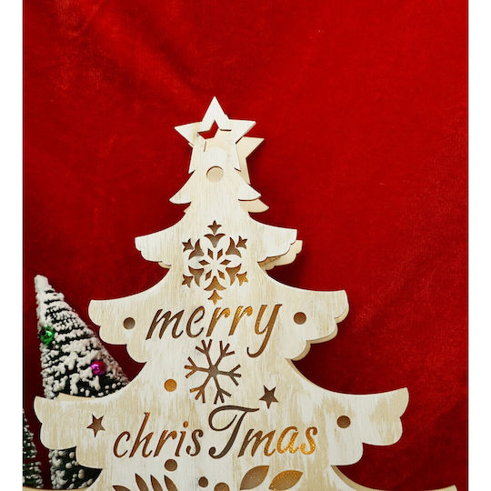 Illuminated Decoration Christmas Tree Design "merry Christmas" Inscription White Length 11 Cm Width 5 Cm Height 30 Cm Wood Indoor Outdoor
