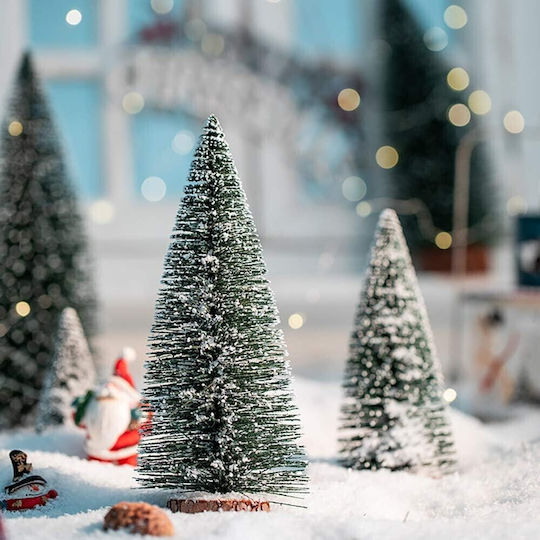 Ornament De Masă Cu Brad Artificial Pe Suport Din Lemn Înălțime 20 Cm Argintiu