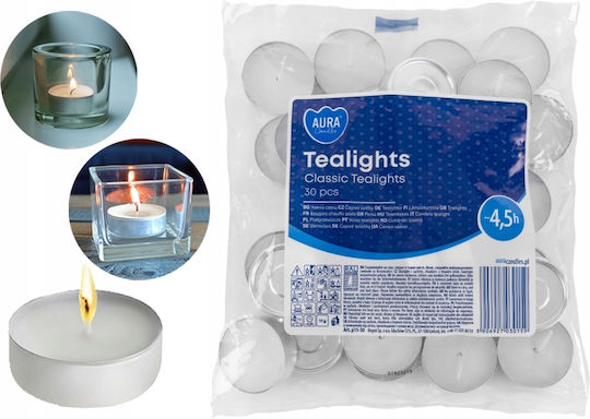 Aura Glass Tealights in White Colour (Up to 4.5 Hours Duration) 30 Pieces