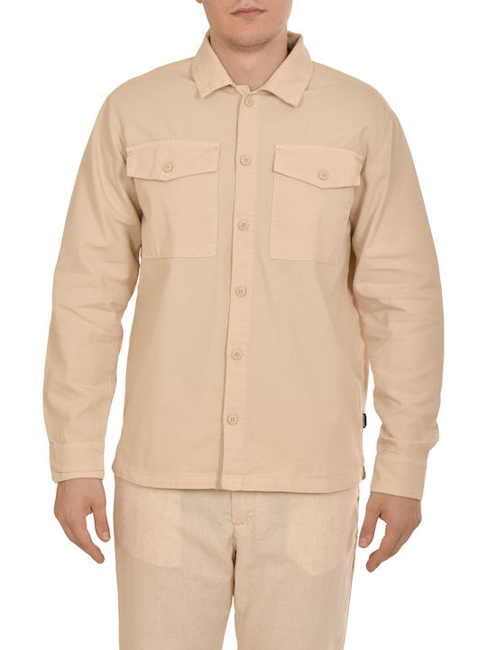 Μακρυμάνικo Λινό Overshirt σε Κανονική Γραμμή Μπεζ