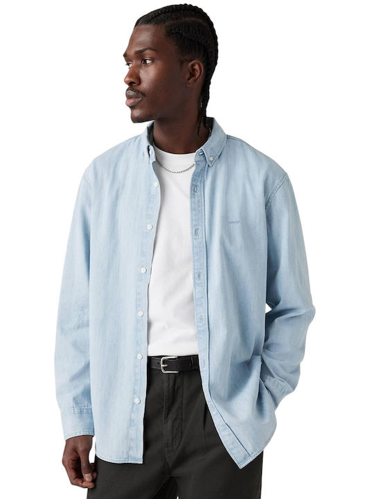 Authentic Long-sleeved Denim Shirt in Wide Line Light Indigo