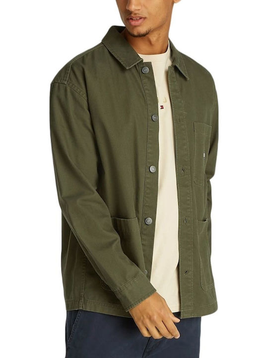 Long Sleeve Denim Overshirt in Oversized Line Olive