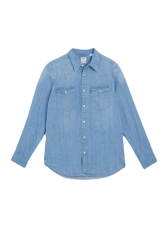 Barstow Western Standard Long Sleeve Denim Overshirt in Regular Fit Light Blue