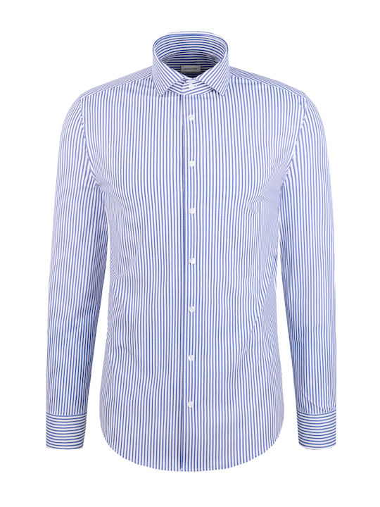 Long Sleeve Shirt in Narrow Fit Striped Blue