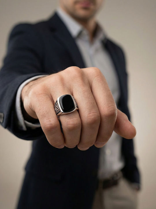 Kiriakos Gofas Men's Ring with Zircon and Enamel Silver