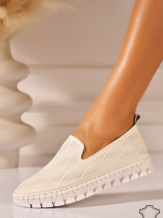 Leder Damen Mokassins in Beige Farbe