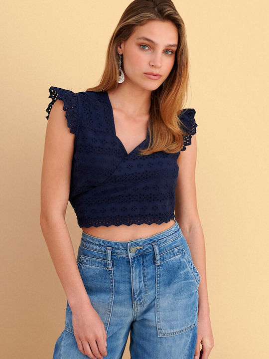 Women's Cotton Crop Top with Lace Blue
