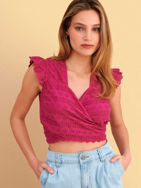 Women's Cotton Crop Top with Lace Pink 9923561-Fuchsia