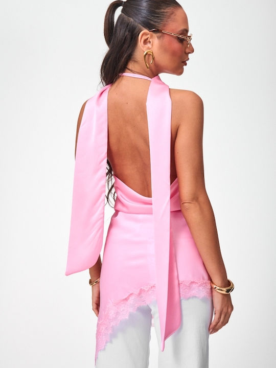 Women's Satin Blouse with Lace Pink