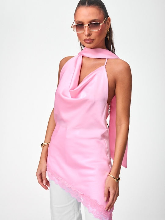 Women's Satin Blouse with Lace Pink
