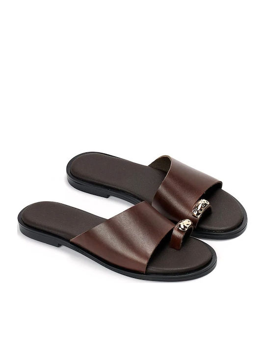 Leather Women's Flat Sandals Brown