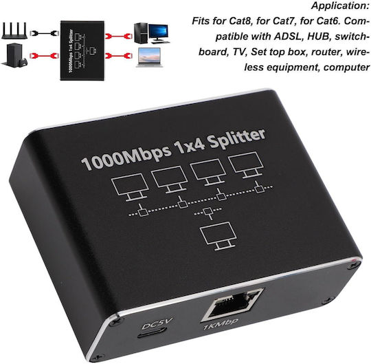 Splitter Rețea Ethernet Zola 4 Porturi Rj45 Viteză 1 Gb S Compatibil Cat5e Cat6 Cat7 Cat8 Alimentare Usb 8.5 X 6 X 2.5 Cm Negru