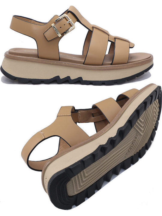 Leder Flache Damen Sandalen Flatforms Tabac Braun