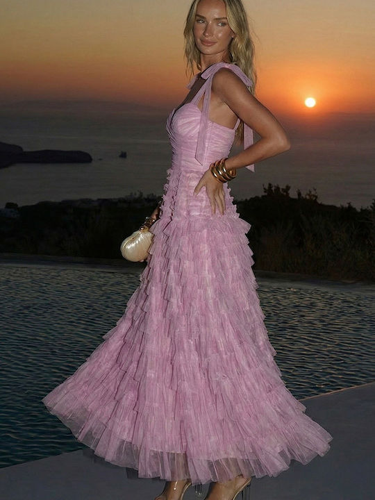 Summer Maxi Dress for Wedding Christening Satin with Tulle Pink
