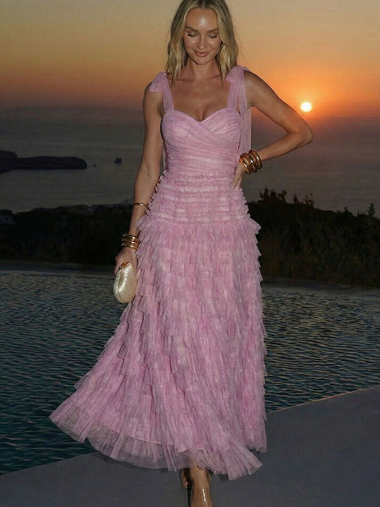 Summer Maxi Dress for Wedding Christening Satin with Tulle Pink