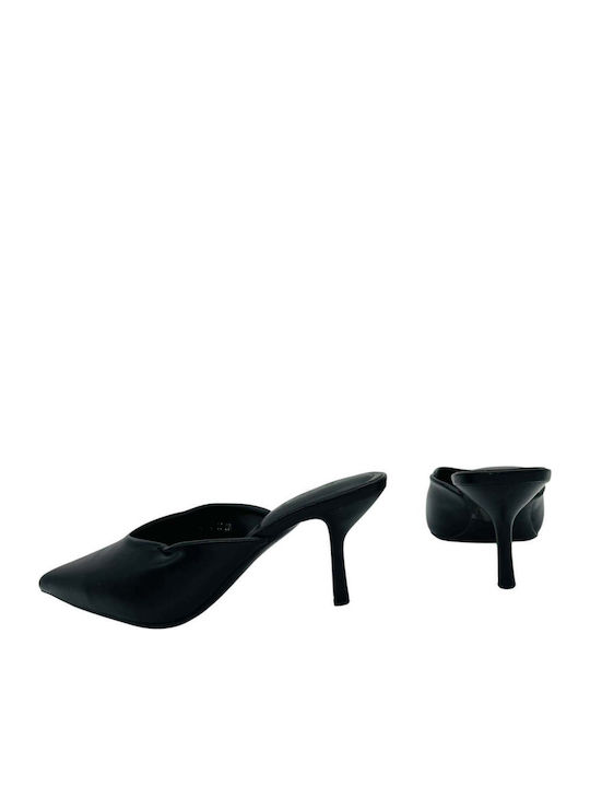 Leather Mules with Thin High Heel in Black Colour