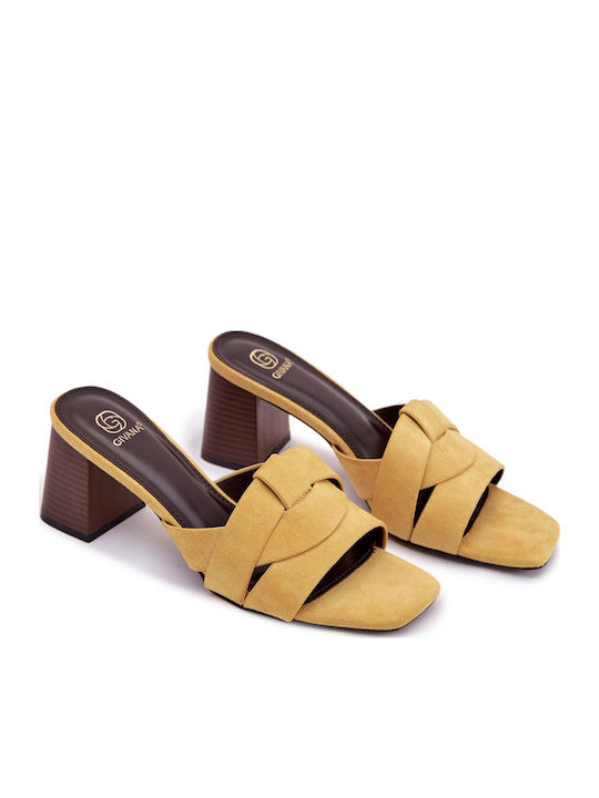 Suede Mules με Ψηλό Τακούνι σε Κίτρινο Χρώμα
