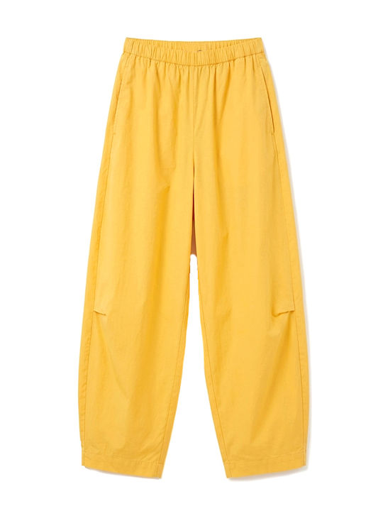 Damen Hochbund Stoff Capri Hosen mit Gummiband in Entspannte Passform Gelbe