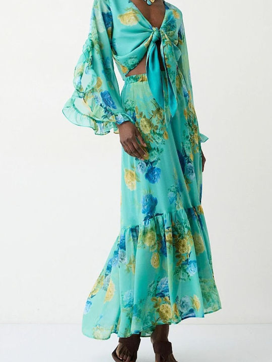 Ψηλόμεση Maxi Φούστα Floral Σμαραγδί