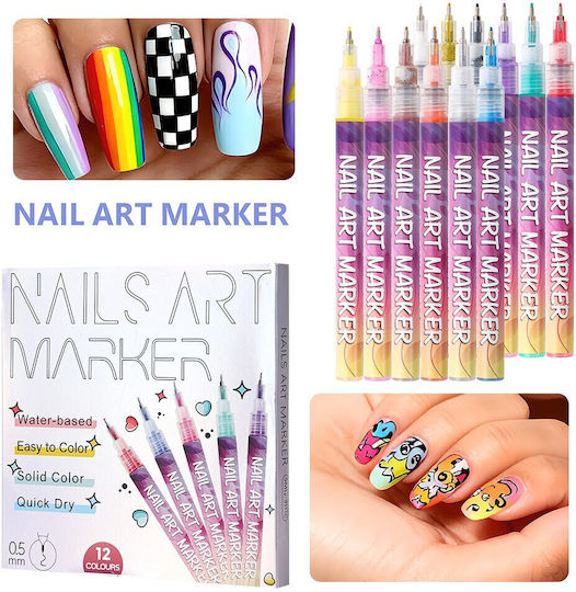Kit Artă Unghii Flippy Set 12 Marcatoare Unghii Acrilice Vârf Ultra Fin 0,5 Mm 13 X 10 Cm Multicolor