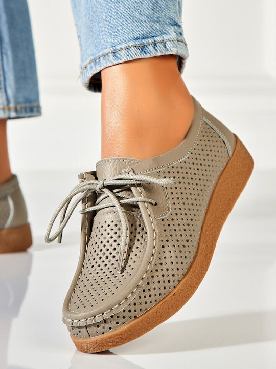 Δερμάτινα Γυναικεία Oxfords σε Γκρι Χρώμα