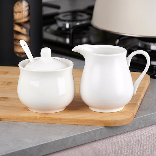 Vilde Milk Jug & Sugar Bowl Serving Set Made of White Porcelain 3 Pieces